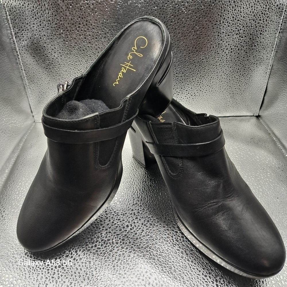 COLE Haan/Nike Air Black Leather BuckleWedge Slides Women's Size 9B